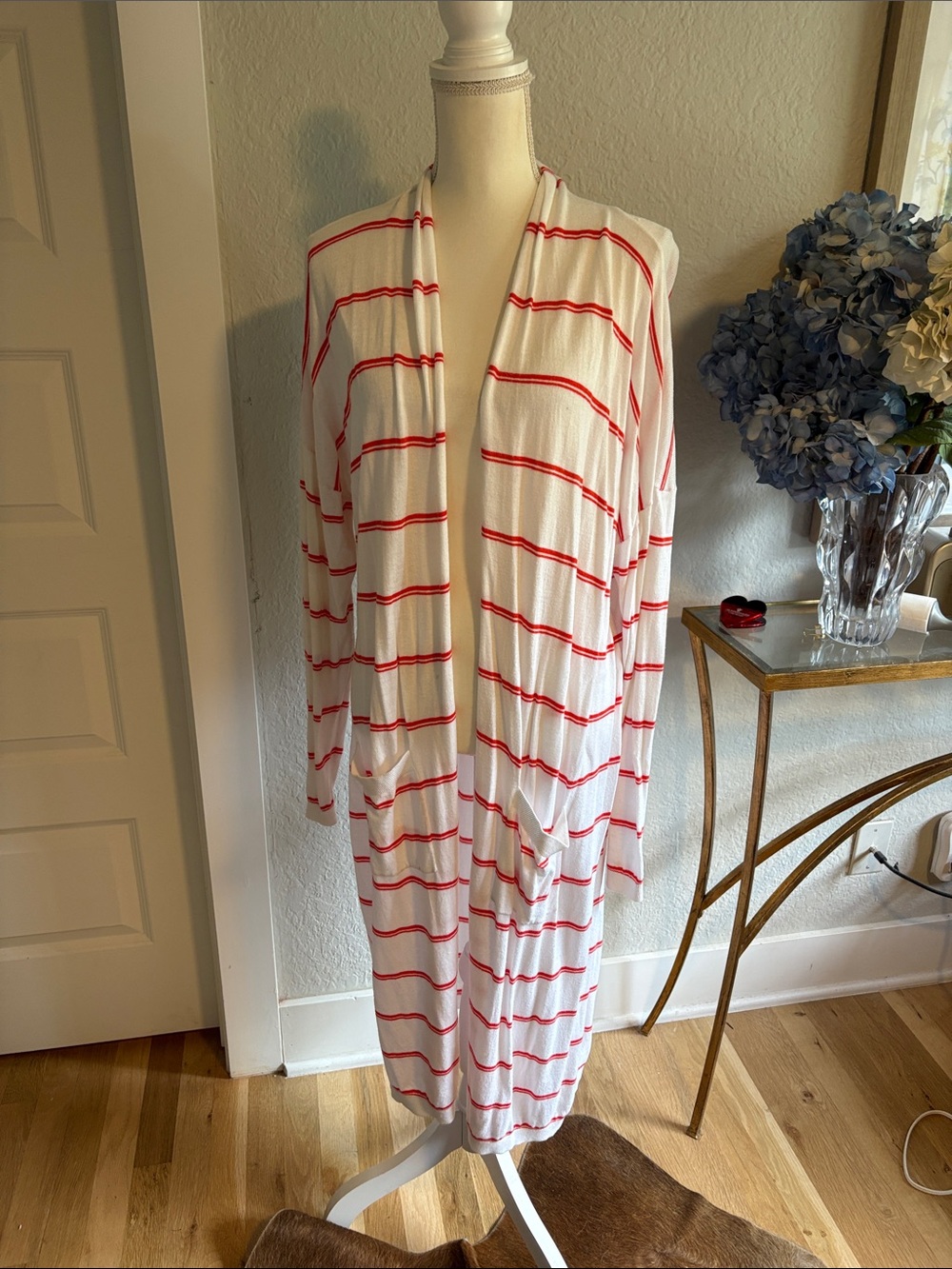 Cabi White Open-Front Cardigan with Red Stripes size L